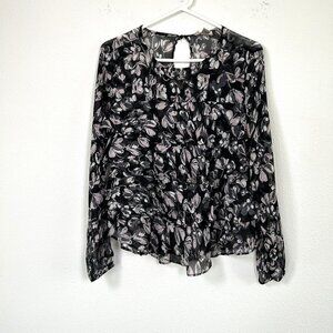 Loft Outlet Blouse‎ Size M Gray Floral Ruffle Tiered Long Sleeve Sheer Top